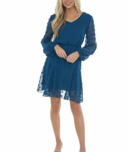 Miss Sparkling Dark Teal Swiss Dot Blouson Sheer Sleeve Dress Dresses