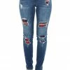KanCan Dark Wash Mid Rise Distressed Plaid Patch Skinny Jeans Bottoms 1 KanCan Dark Wash Mid Rise Distressed Plaid Patch Skinny Jeans Bottoms