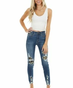 Judy Blue Bottoms Dark Wash High Rise Ripped Skinny Jeans With Leopard Detail