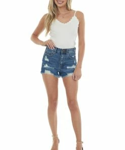 American Fit Dark Wash Distressed Shark Bite Denim Shorts Bottoms