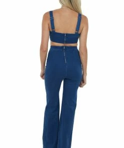 Flying Tomato Dark Wash Flare Leg Sleeveless Denim Jumpsuit Dresses 16 Flying Tomato Dark Wash Flare Leg Sleeveless Denim Jumpsuit Dresses