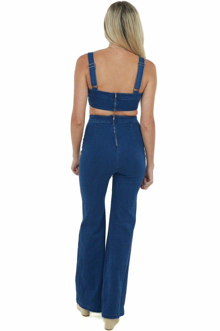 Flying Tomato Dark Wash Flare Leg Sleeveless Denim Jumpsuit Dresses 9 Flying Tomato Dark Wash Flare Leg Sleeveless Denim Jumpsuit Dresses