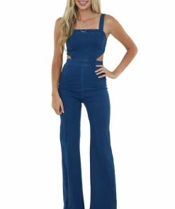 Flying Tomato Dark Wash Flare Leg Sleeveless Denim Jumpsuit Dresses 12 Flying Tomato Dark Wash Flare Leg Sleeveless Denim Jumpsuit Dresses