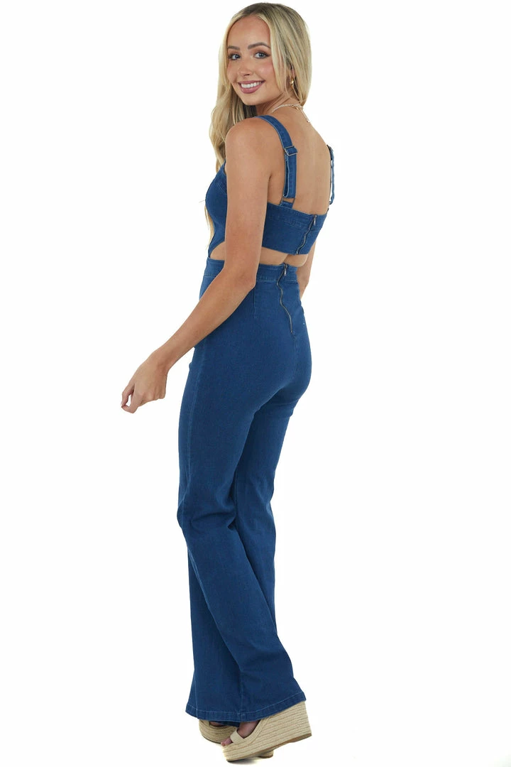 Flying Tomato Dark Wash Flare Leg Sleeveless Denim Jumpsuit Dresses 8 Flying Tomato Dark Wash Flare Leg Sleeveless Denim Jumpsuit Dresses