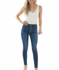 Special A Bottoms Dark Wash High Rise Button Front Skinny Jeans