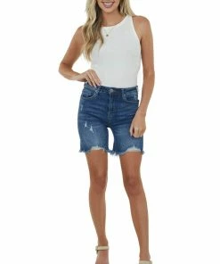 Risen Dark Wash High Rise Distressed Long Denim Shorts Bottoms