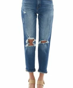 KanCan Dark Wash High Rise Knee Torn Mom Fit Jeans