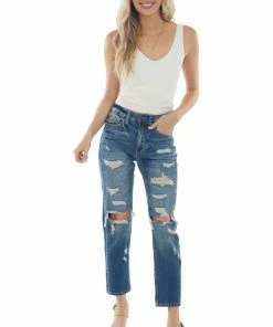 KanCan Bottoms Dark Wash High Rise Mom Fit Heavy Torn Jeans