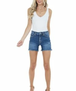 KanCan Dark Wash High Rise Shorts With Frayed Hem Detail Bottoms