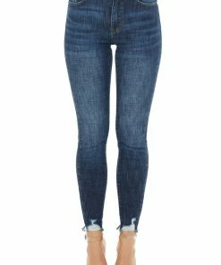 KanCan Dark Wash High Rise Skinny Jeans With Distressed Hemline Bottoms