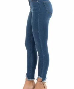 KanCan Dark Wash High Waisted Skinny Jeans With Distressed Hem Bottoms