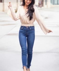 KanCan Dark Wash High Waisted Skinny Jeans With Distressed Hem Bottoms