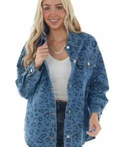 Davi & Dani Dark Wash Leopard Print Oversized Denim Jacket