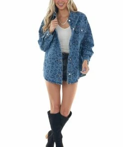 Davi & Dani Dark Wash Leopard Print Oversized Denim Jacket