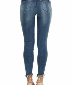 Special A Bottoms Dark Wash Mid Rise Ankle Cut Jeans With Distressed Hemline
