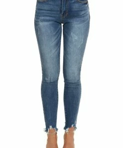 Special A Bottoms Dark Wash Mid Rise Ankle Cut Jeans With Distressed Hemline