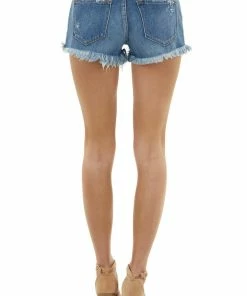 KanCan Dark Wash Mid Rise Distressed Denim Shorts With Frayed Hem Bottoms 14 KanCan Dark Wash Mid Rise Distressed Denim Shorts With Frayed Hem Bottoms