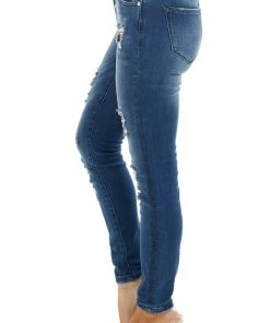 KanCan Dark Wash Mid Rise Distressed Plaid Patch Skinny Jeans Bottoms