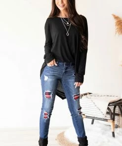 KanCan Dark Wash Mid Rise Distressed Plaid Patch Skinny Jeans Bottoms