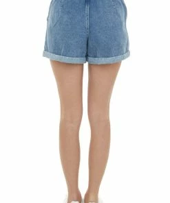 Style Melody Bottoms Dark Wash Paper Bag Elastic Waist Denim Shorts