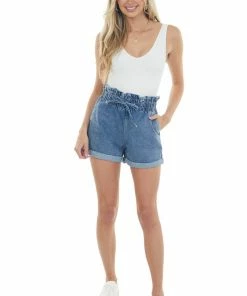 Style Melody Bottoms Dark Wash Paper Bag Elastic Waist Denim Shorts
