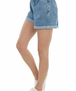 Style Melody Bottoms Dark Wash Paper Bag Elastic Waist Denim Shorts