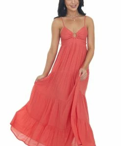 Entro Dresses Dark Watermelon Sleeveless Tiered Maxi Dress