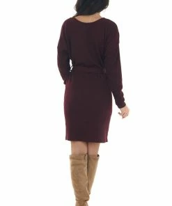 She + Sky Dresses Dark Wine Ribbed Long Sleeve Short Dress