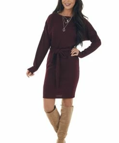 She + Sky Dresses Dark Wine Ribbed Long Sleeve Short Dress