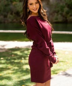 She + Sky Dresses Dark Wine Ribbed Long Sleeve Short Dress