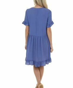 Ces Femme Deep Dusty Blue Square Neck Tiered Short Dress Dresses