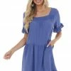 Ces Femme Deep Dusty Blue Square Neck Tiered Short Dress Dresses