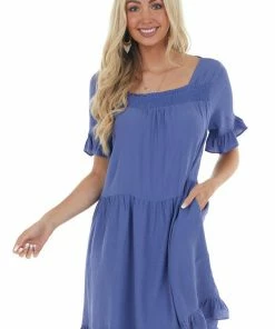 Ces Femme Deep Dusty Blue Square Neck Tiered Short Dress Dresses