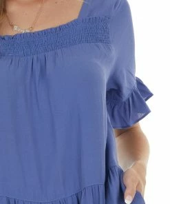 Ces Femme Deep Dusty Blue Square Neck Tiered Short Dress Dresses