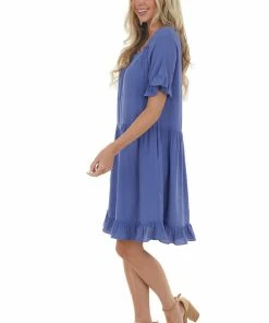 Ces Femme Deep Dusty Blue Square Neck Tiered Short Dress Dresses
