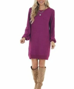 Umgee Deep Fuchsia Long Sleeve Short Sweater Dress