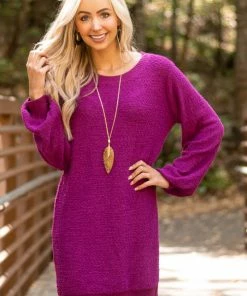Umgee Deep Fuchsia Long Sleeve Short Sweater Dress