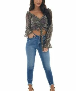 Illa Illa Deep Juniper Floral Off Shoulder Cropped Top Tops