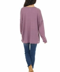 BiBi Deep Lavender Long Sleeve Waffle Knit Top With V Neckline Tops