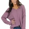 BiBi Deep Lavender Long Sleeve Waffle Knit Top With V Neckline Tops