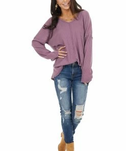 BiBi Deep Lavender Long Sleeve Waffle Knit Top With V Neckline Tops