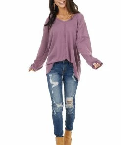 BiBi Deep Lavender Long Sleeve Waffle Knit Top With V Neckline Tops