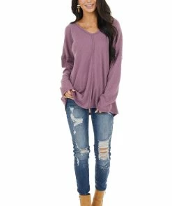 BiBi Deep Lavender Long Sleeve Waffle Knit Top With V Neckline Tops