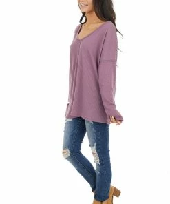 BiBi Deep Lavender Long Sleeve Waffle Knit Top With V Neckline Tops