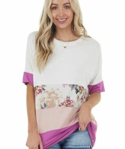 Celeste Design Tops Deep Lilac And Floral Print Colorblock Short Sleeve Knit Tee