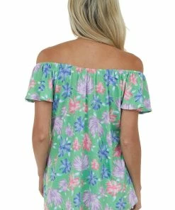 First Love Deep Lime Floral Print Flutter Sleeve Knit Top Tops