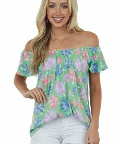 First Love Deep Lime Floral Print Flutter Sleeve Knit Top Tops