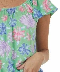 First Love Deep Lime Floral Print Flutter Sleeve Knit Top Tops