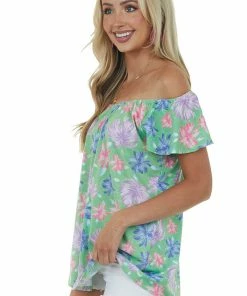 First Love Deep Lime Floral Print Flutter Sleeve Knit Top Tops