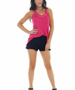 P.S. Kate Deep Magenta Sleeveless Exposed Stitch Waffle Knit Top Tops